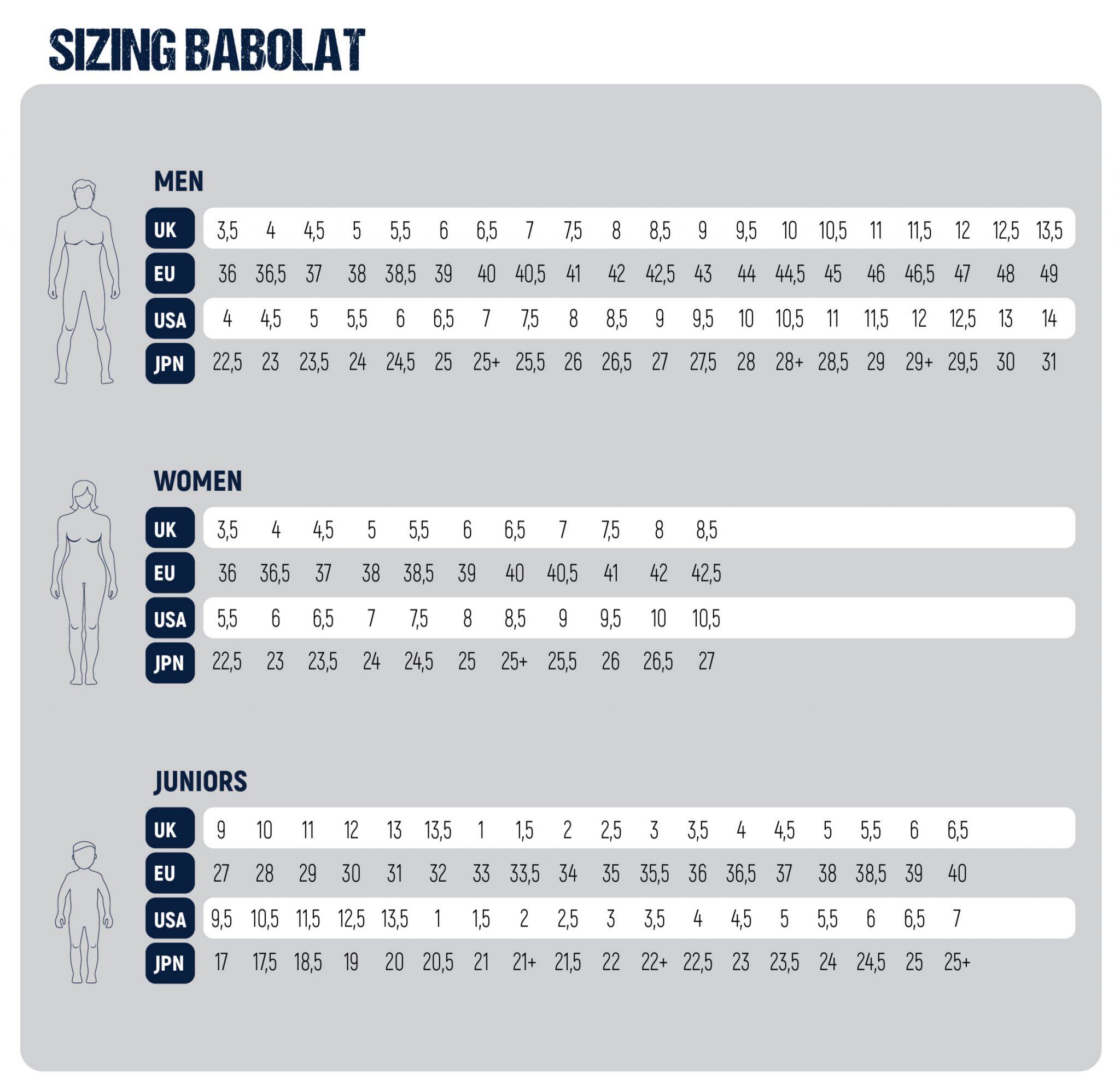 giày babolat size chart